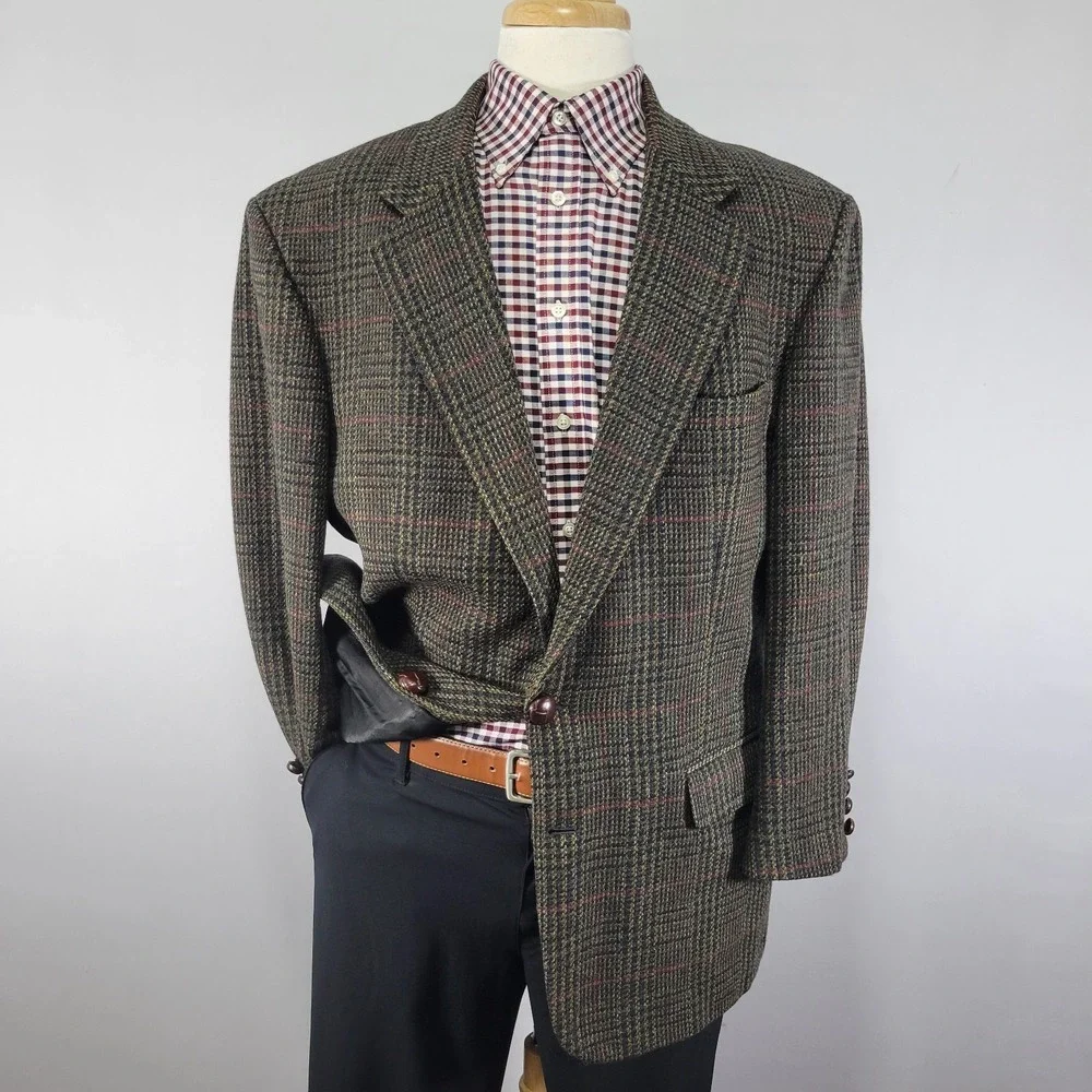 Robert Stock Men's Sport‎ Coat Blazer Two Button Brown Plaid Wool Size 44R